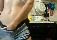 Skinny Brunette Masturbates In Kitchen To Orgasm