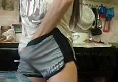 Skinny Brunette Masturbates In Kitchen To Orgasm