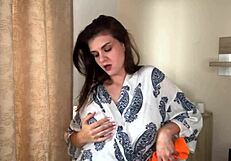 Stepmother with a fat cock forces stepson to lick her milky nipples close up.