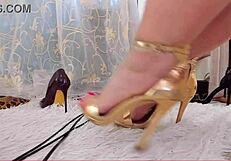 Red Toenails in High Heels Tease with Bare Feet Close-Up