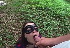 Brunette Deep Sucks Big Cock in Forest with Cum in Mouth