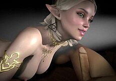 In the dark, a sexy blonde elf girl gives a blowjob to a big cock in this hentai scene.