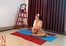 is Regina Noir doing nude yoga in white panties at the gym?