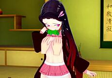 i fucking nezuko in kimono, sucking big tits and fucking