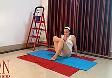 is Regina Noir doing nude yoga in white panties at the gym?