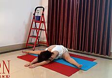 is Regina Noir doing nude yoga in white panties at the gym?