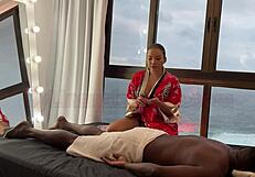 Wow, this Asian masseuse couldn't resist and made the big guy finish inside Latina Lina Nakamura outdoors!