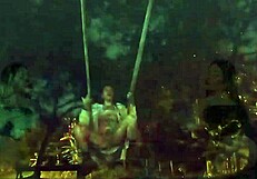 Curvy Tattooed Friends Flash Young Bodies in Public Backstage Group Fun