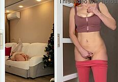 stepmom masturbates together with stepdaughter while watching her on new years eve - cumming together
