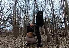 Topless thick girl sucks cock in the park homemade blowjob couple curvy big tits public boobs outdoor