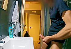 Hostel mixed room turns into shared bathroom handjob fun!