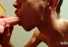 Joe Nuts, the gay twink, sucks his new dildo deep.