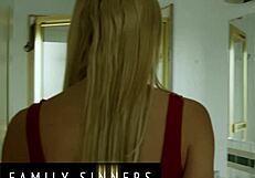 Family sinners - blonde babe rides stepbrother's cock in gym and takes cum on pussy