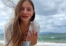 Slutty cute girl seduced a stranger at the resort. Her boyfriend stayed home unaware.