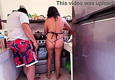 Sexy latina in kitchen thong gets ass licked and fucked hard