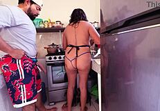 Sexy latina in kitchen thong gets ass licked and fucked hard