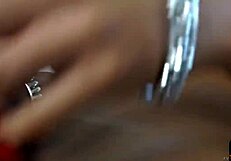 Intriguing solo session with a gorgeous ebony tranny flaunting her pierced dick