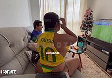 Naughty Brunette In Lingerie Flashes Tits During Brazil Game Pov