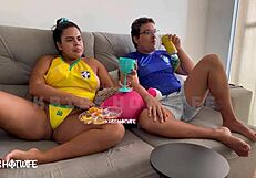 Naughty Brunette In Lingerie Flashes Tits During Brazil Game Pov