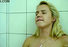 A handheld shower brings multiple orgasms to blonde teen 18+ valentine in the shower.