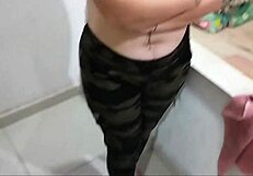 Wife begs husband to fuck her pussy before her bath and cum inside