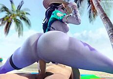 Widowmaker asks, 'Want to fuck my big ass on the beach with your monster cock?' in Overwatch beach sex scene
