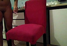 Behind the scenes, he engages with cute mature woman in kitchen