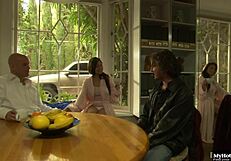 i'm a beautiful redhead lady with big tits, bent over for doggystyle hardcore sex with my couple