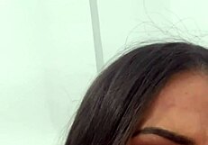 Medusa performs blowjob and titjob on huge dildo while masturbating