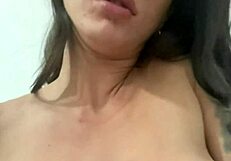 Medusa performs blowjob and titjob on huge dildo while masturbating