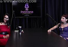 Annie Clementine humiliates in podcast with Bia Hot, handjob in see-through lingerie outdoors.