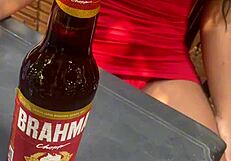 Latina in lingerie boldly exhibits herself in public bar with married black man for interracial fun