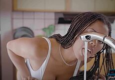 Huge boobs ebony model Kira Noir performs solo striptease, ripping clothes for Playboy