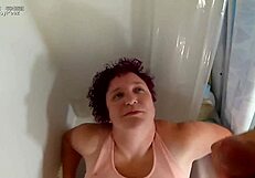 Two Angles of Liza Soaked in Cumshot and Golden Shower. She Wets Panties in Tub!