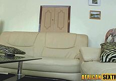 Hot ebony takes mouthful of cock, then on all fours for white stud