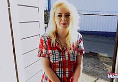 Blonde Annie Archer teases hairy pussy with vibrator before sloppy bj