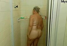 Stepmom catches son jerking off and fucks him in the shower!