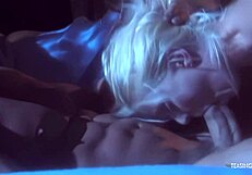 Horny blonde sucks and rides boyfriend’s cock on sofa