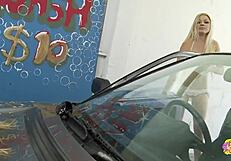 Visiting the sexy car wash, thick blonde lesbians engage in licking, fingering, masturbation, and orgasm in hardcore foursome