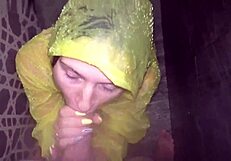 Horny Girlfriend Sucks Cock in Shower with Raincoat On