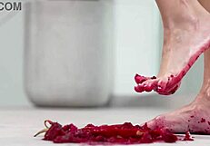 4K Foot Fetish Action with Bare Feet and Heels Crushing Fruit