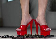 4K Foot Fetish Action with Bare Feet and Heels Crushing Fruit