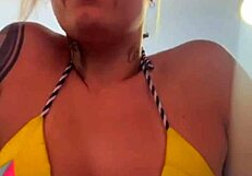 training in thong bikini at beachfront gym, got so wet from horniness dripping down legs like sea water