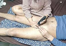 my stepmom is trimming my cock hair at home