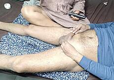 my stepmom is trimming my cock hair at home