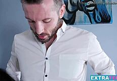 Tiny teen receives cum in mouth after riding huge dick.