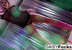 Blonde stripper with big tits masturbates to orgasm on pole