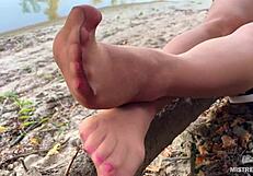 i tease my lover with cute feet in nude tights by the river