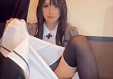 black-haired nurse crossdresser quietly masturbates in private video
