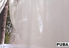 beautiful horny redhead enjoys nude masturbation on a sunny day, touching her big tits and wet pussy solo